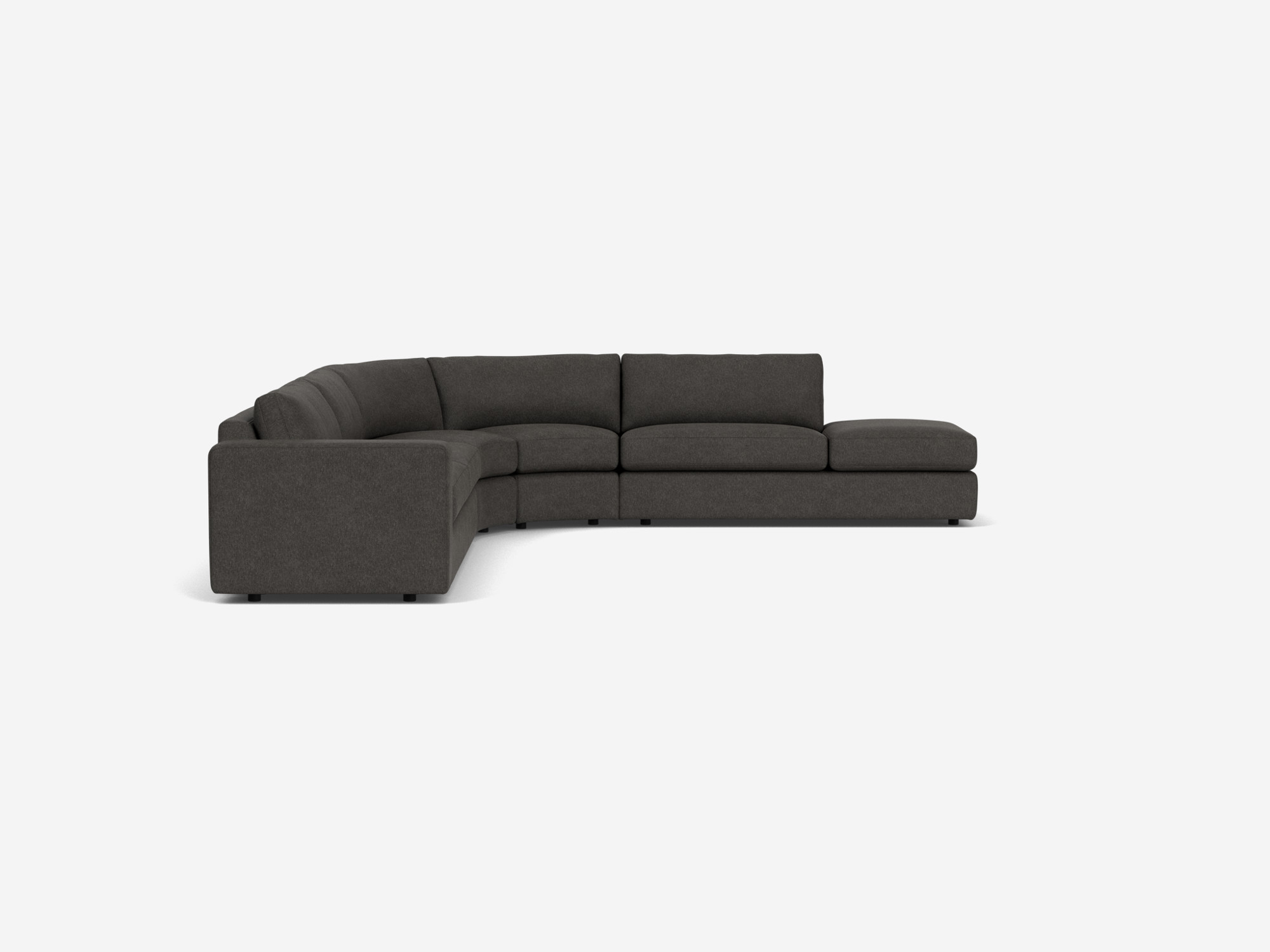 Left side view of grey curved sectional sofa with right hand chaise